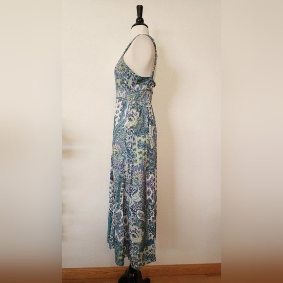 Boho Floral Printed Blue-Green Maxi Dress with Belt - Picture 2 of 4